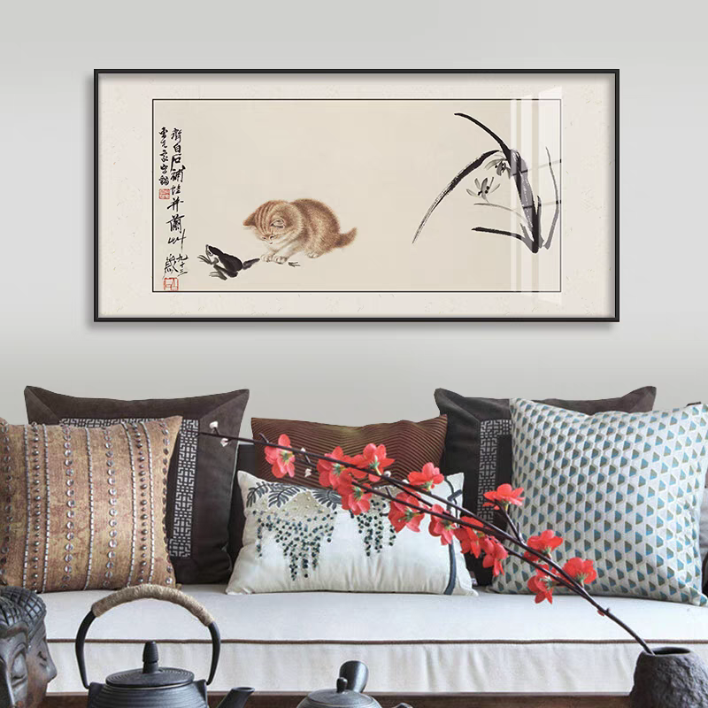 齐白石猫趣图装饰画新中式客厅挂画李可染牧牛名画古代名人壁画图